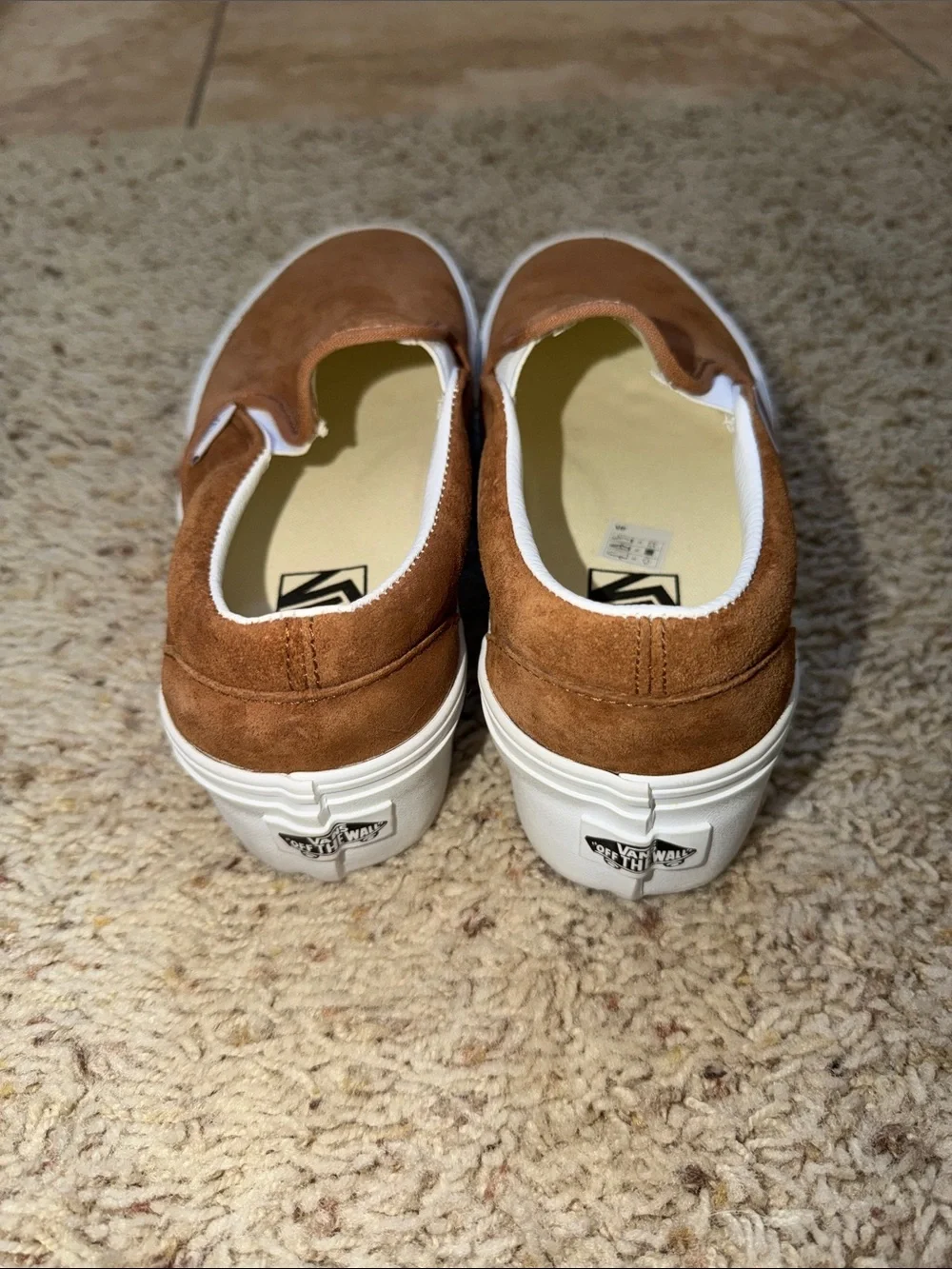 Vans women’s Slip-On Suede Loafers in Brown with White Sole